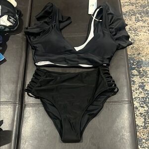 Black Bikini Set with Ruffle Sleeves